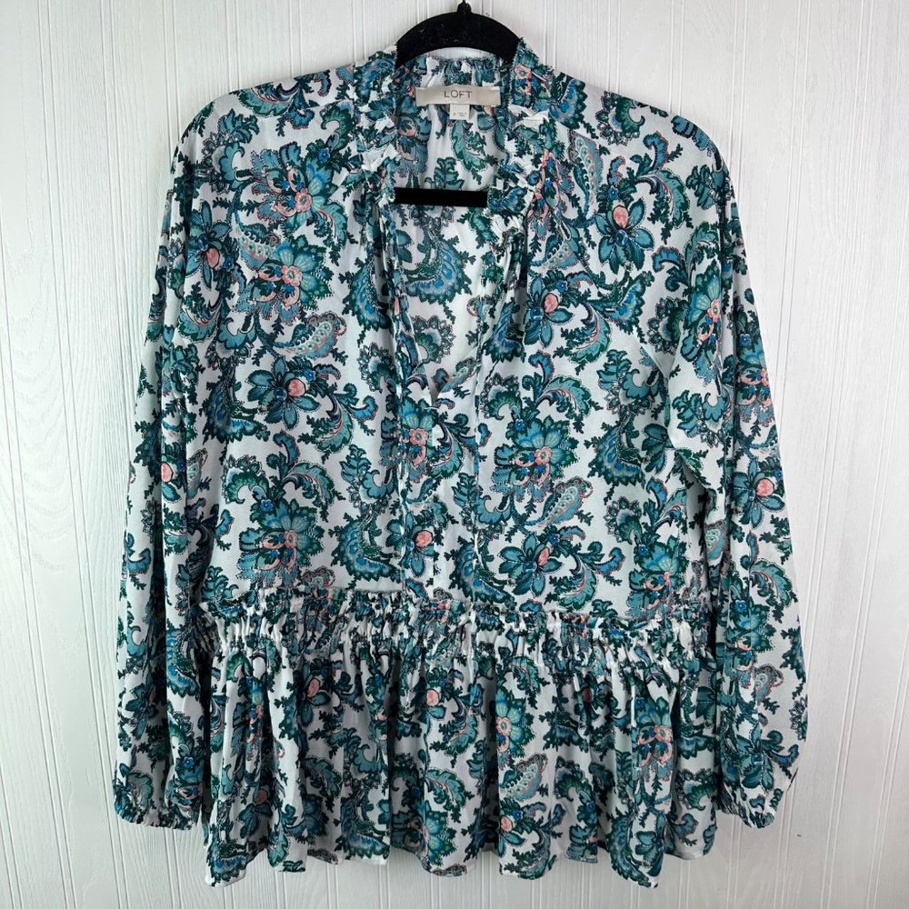 Loft Whisper White Bohemian Dream Paisley Split Neck Peplum Blouse Medium